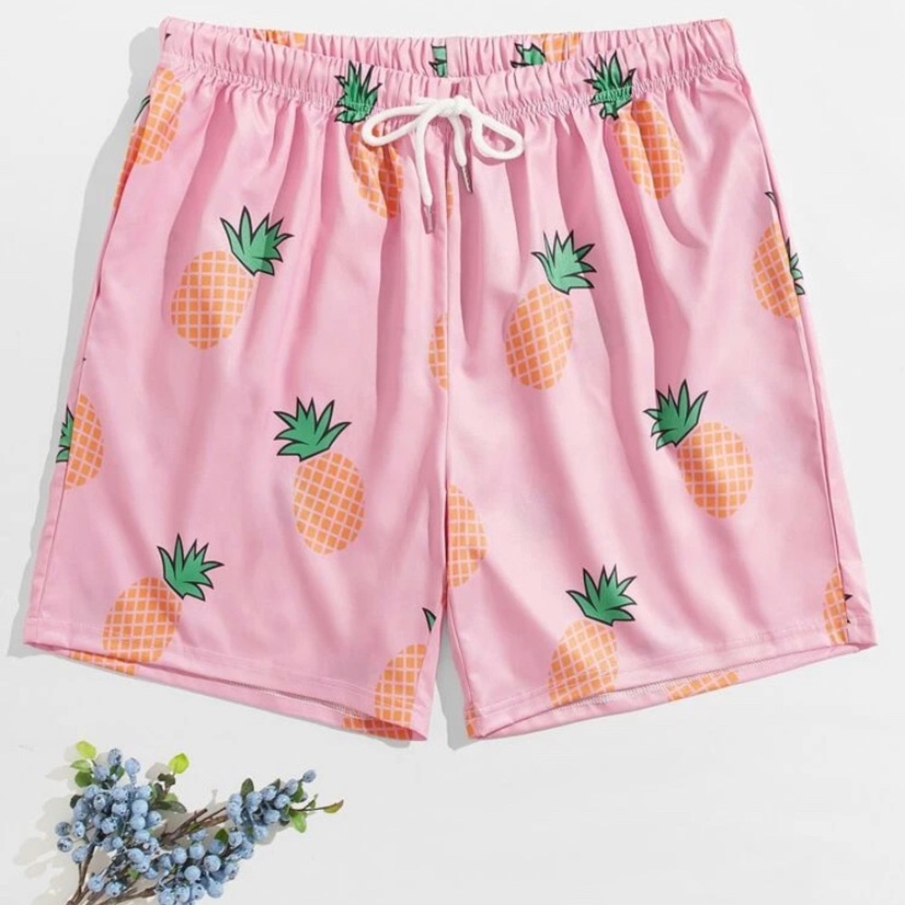 SHEIN Pink Athletic Shorts with Pineapple Print and Elastic Waistband